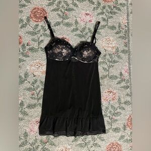 Black lace babydoll slip with tiered ruffle bottom & padded floral lace cups